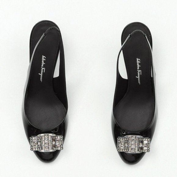 Salvatore Ferragamo Sernio Black Patent Leather Slingback Pumps - Size 7.5 B - Picture 5 of 6